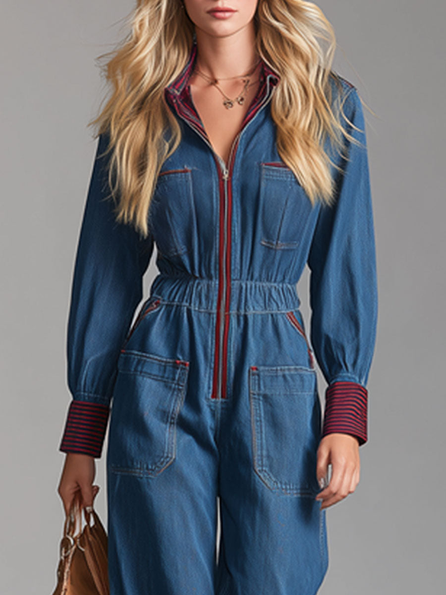 Retro Long-Sleeved Striped Blue Denim Zipper Wide-Leg Jumpsuit