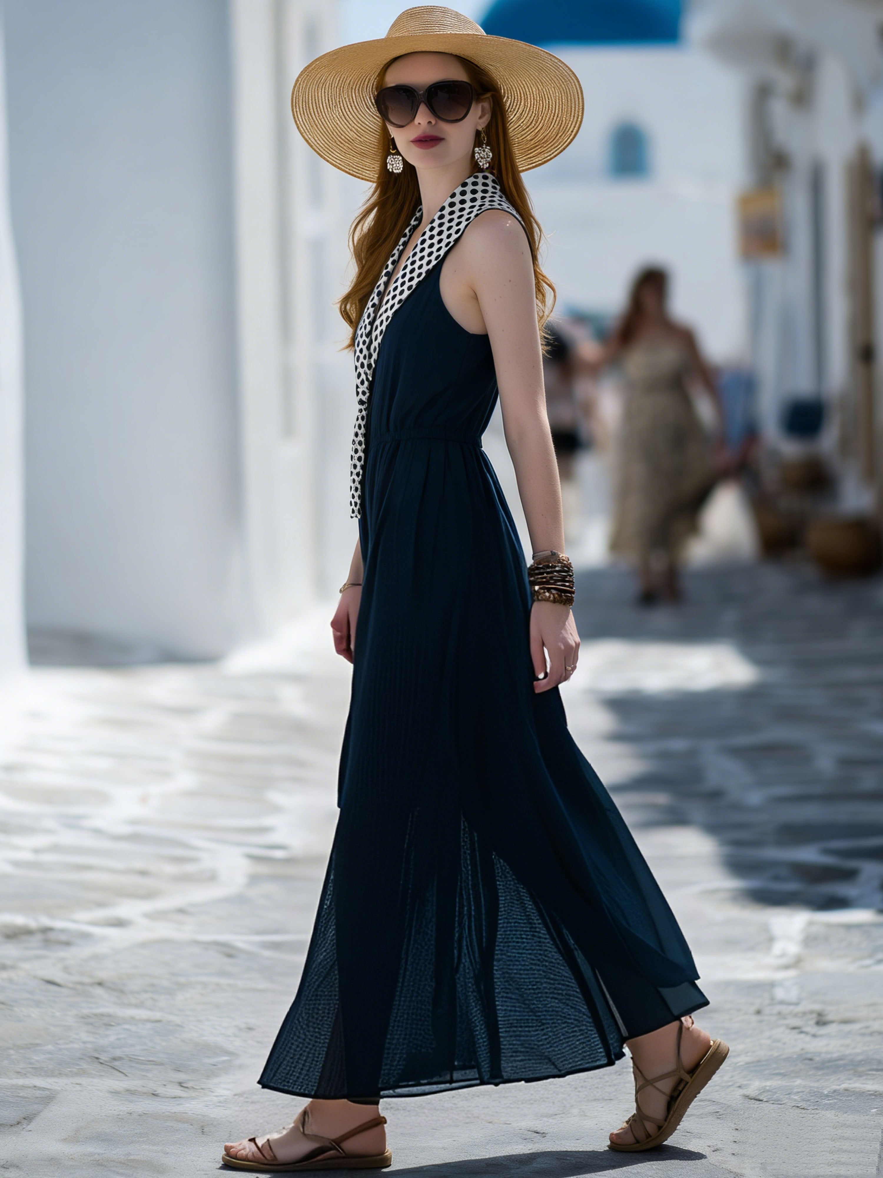 Elegant Black And White Polka Dot Collar Navy Blue Chiffon Sleeveless Maxi Dress