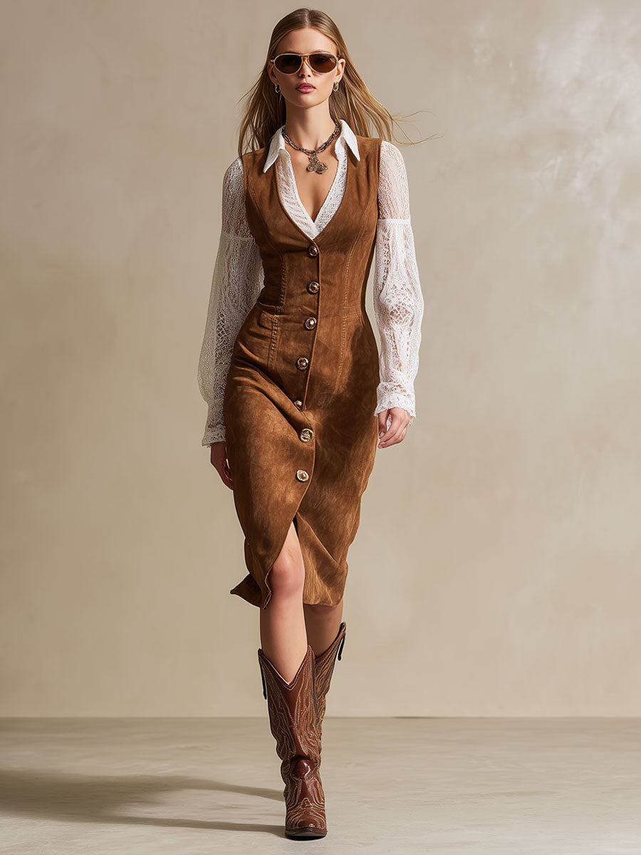 Vintage Caramel Suede Lace Long Sleeve Midi Dress