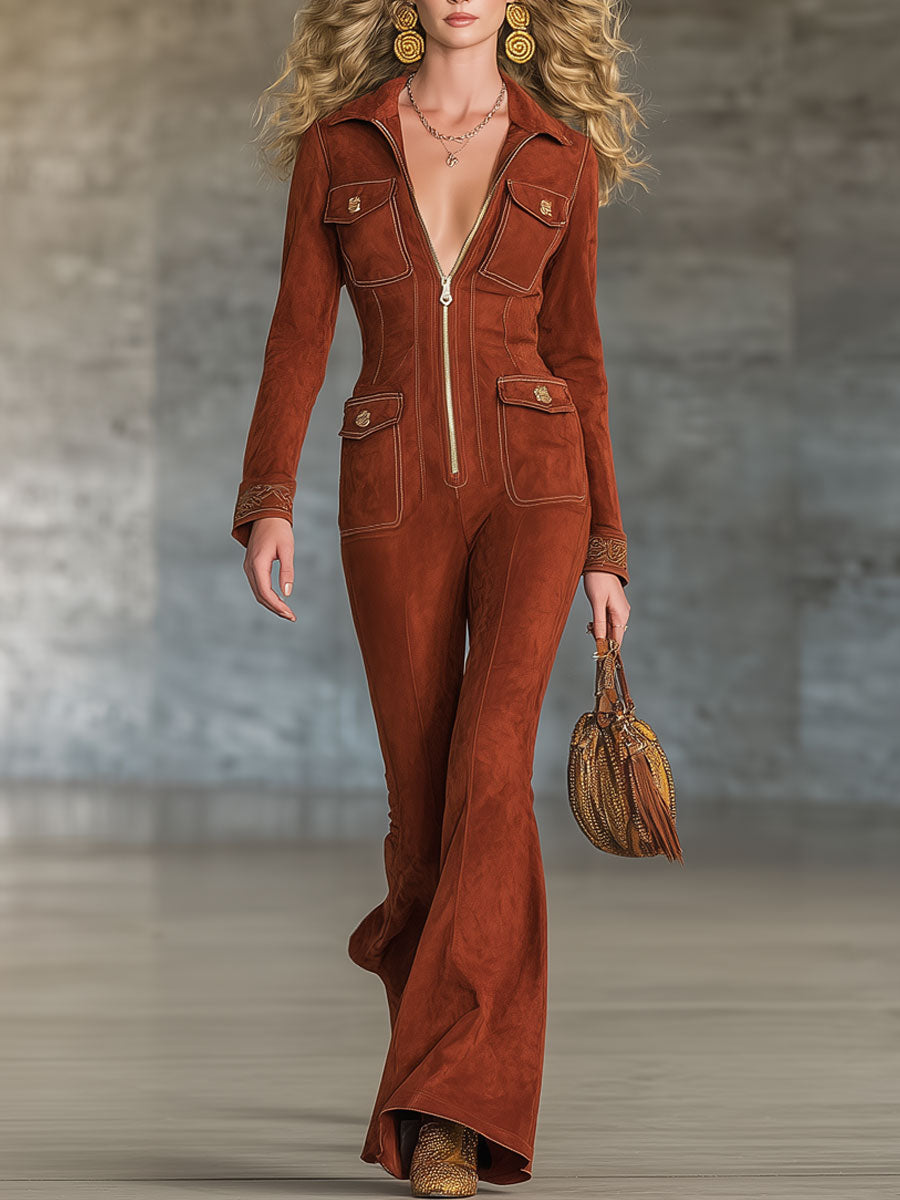 Fashion Retro Reddish Brown Faux Suede Embroidered Lapel Long Sleeve Jumpsuit