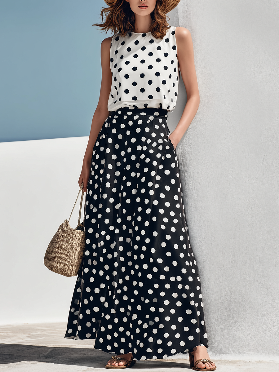 Resort Style Sleeveless Polka Dot Skirt Set