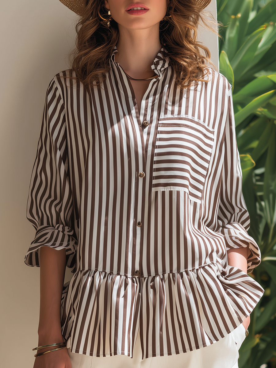 Resort-style White And Brown Striped Long-sleeved Shirt