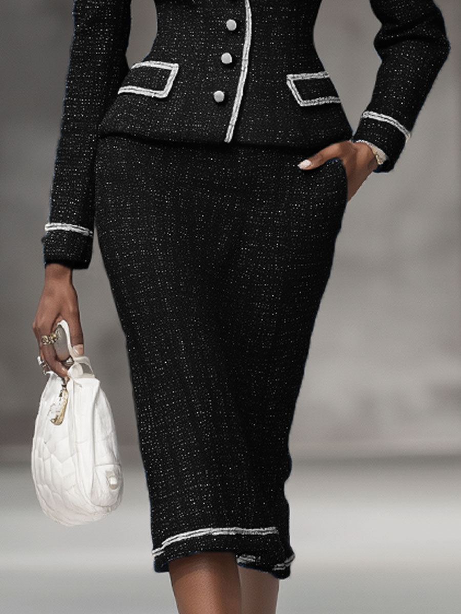 Elegant Lapel Single-breasted Blazer And Skirt Tweed Two-piece Suit