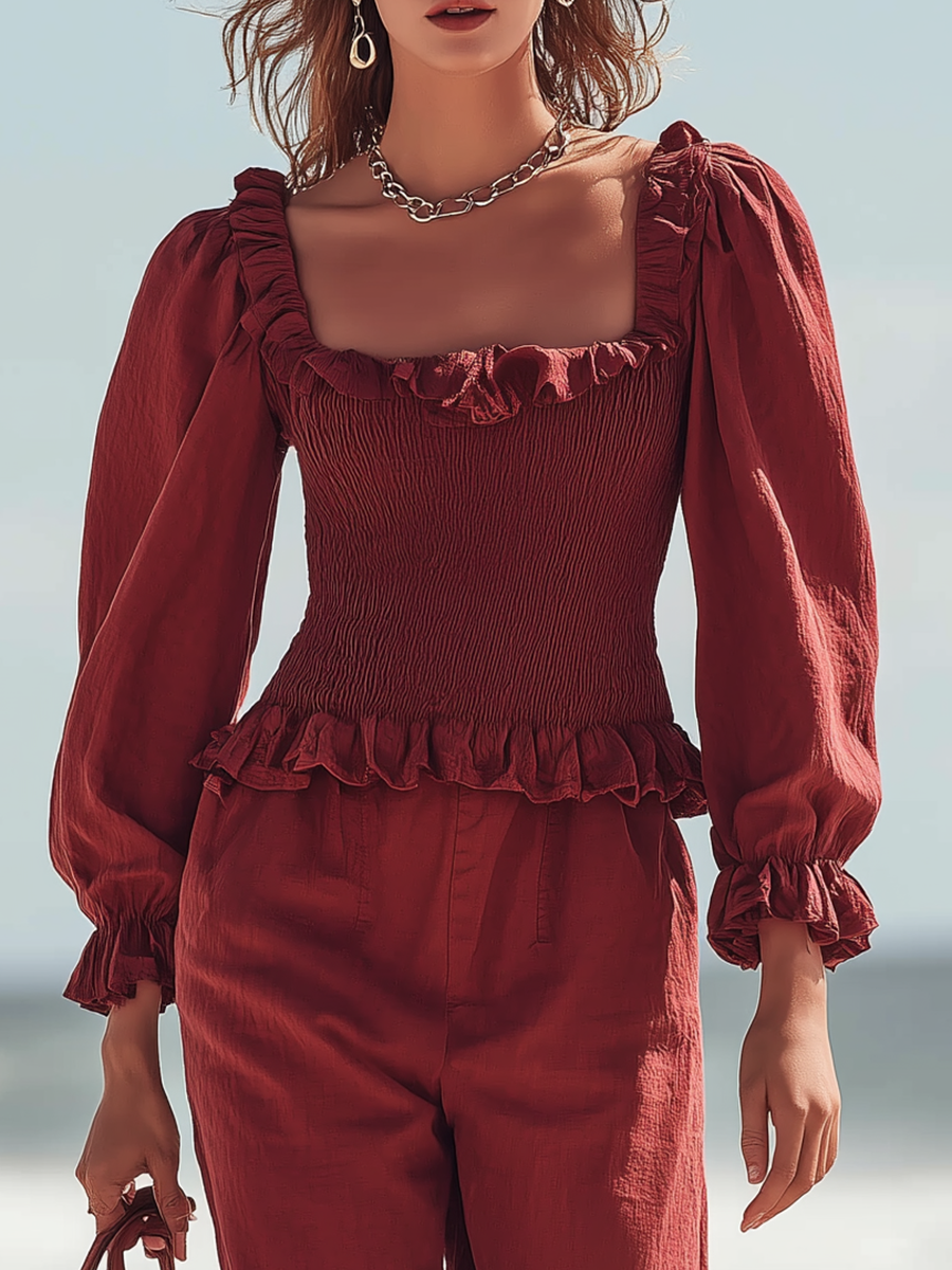 Vacation-style Red Cotton Long-sleeved Shirt And Trousers Set