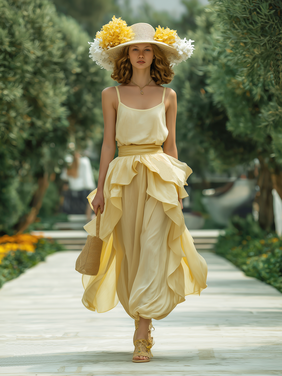 Vacation-style Yellow Spaghetti Strap Cotton Top And Chiffon Trousers Set.