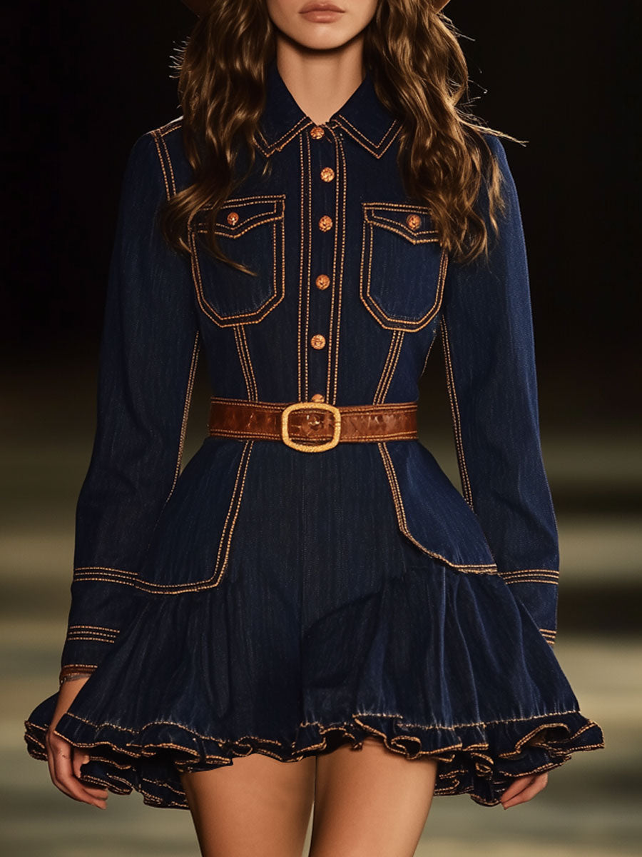 Vintage Navy Denim Topstitched Long Sleeve Ruffled Mini Dress
