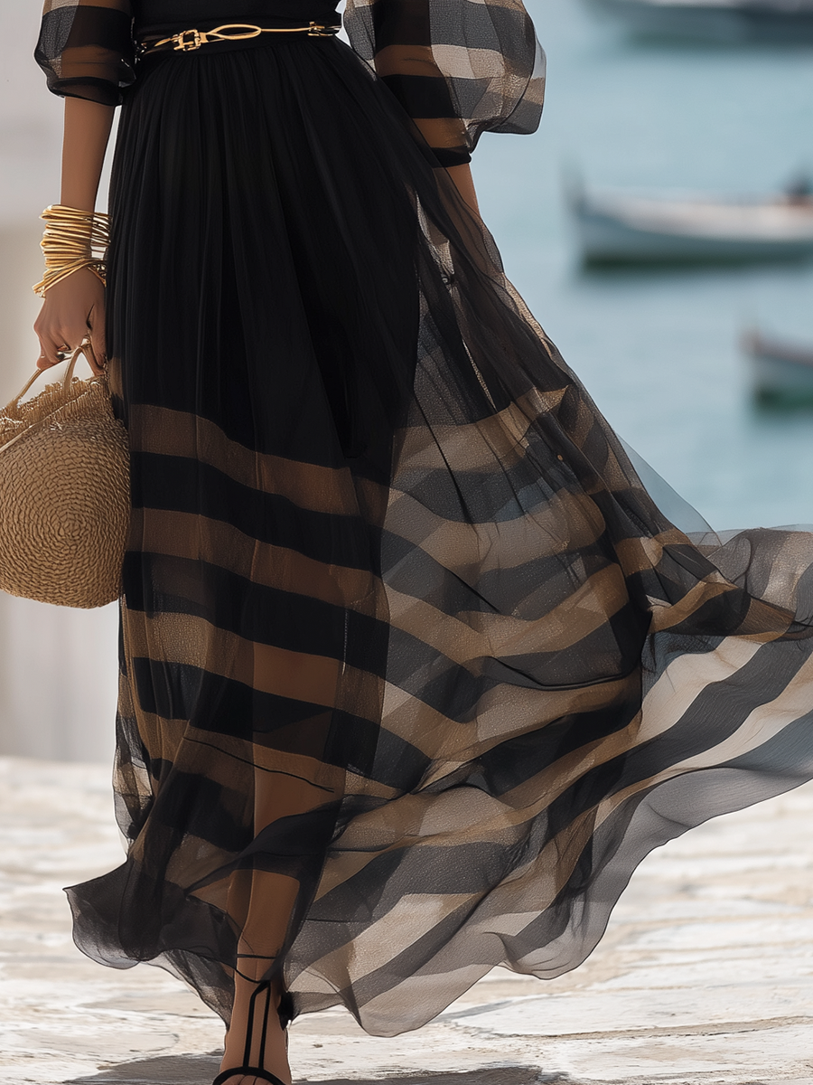 Elegant And Luxurious Black Sheer Boat-neck Short-sleeved Maxi Dress