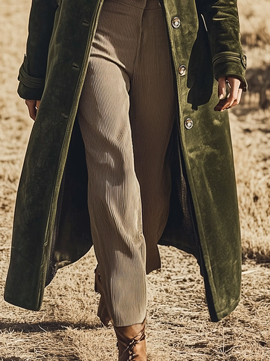 Casual Loose Western Vintage Army Green Velvet Long Coat
