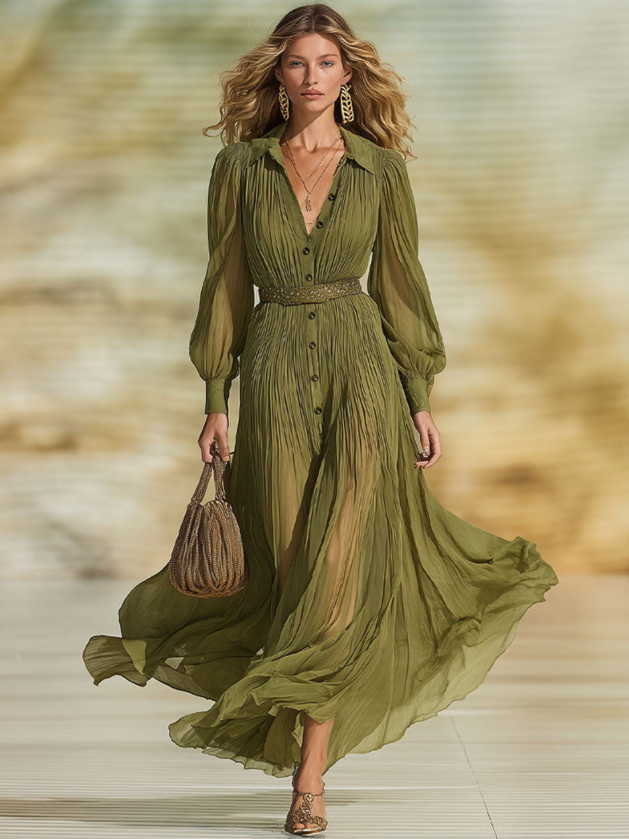 Fashionable Olive Green Chiffon Pleated Long-Sleeved Maxi Dress