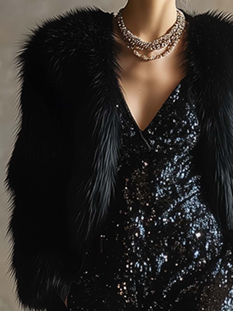 Elegant Luxury Party Black Faux Fur Loose Coat