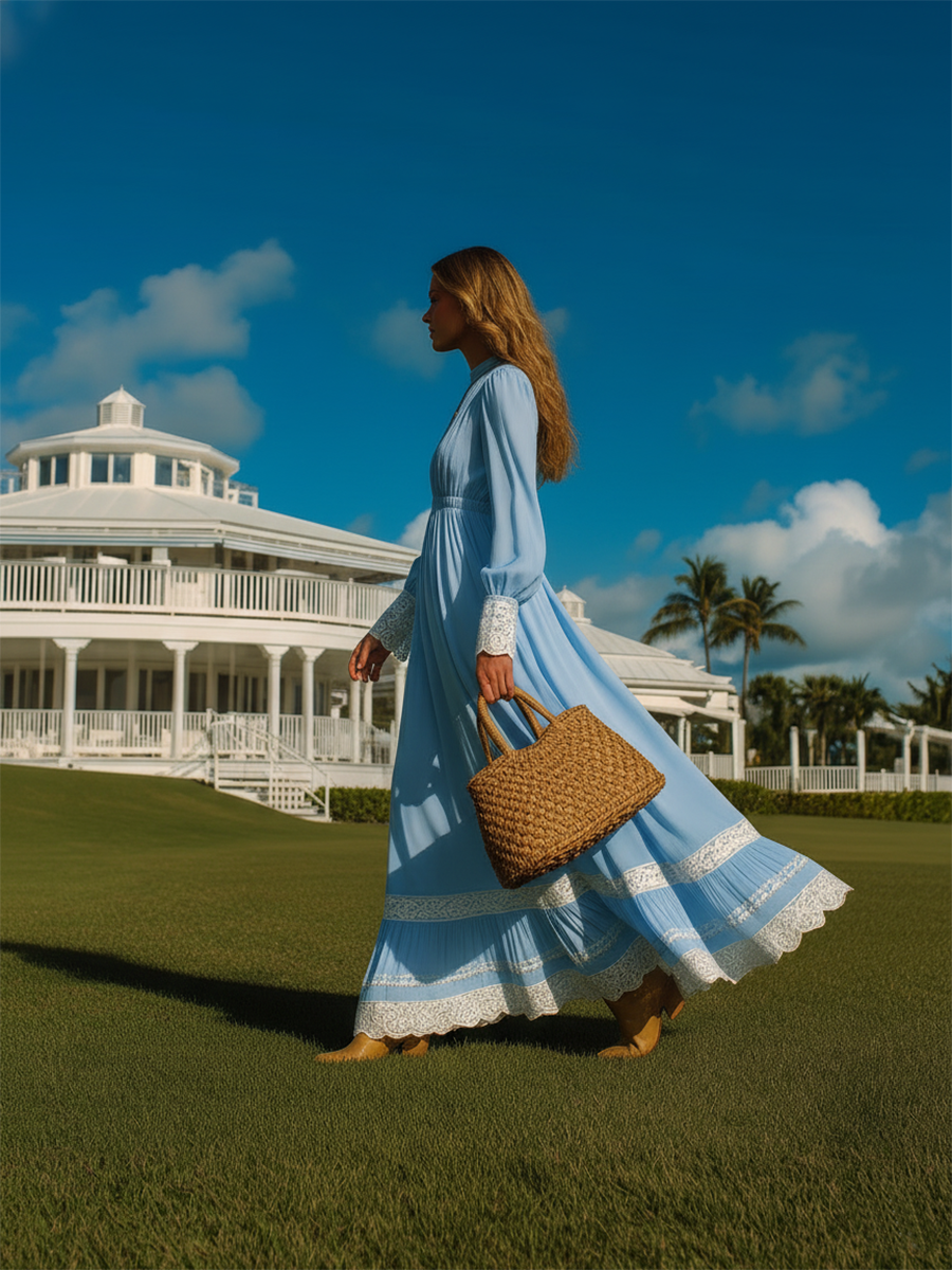 Vacation-style Cotton And Lace Patchwork Round-neck Maxi Dress