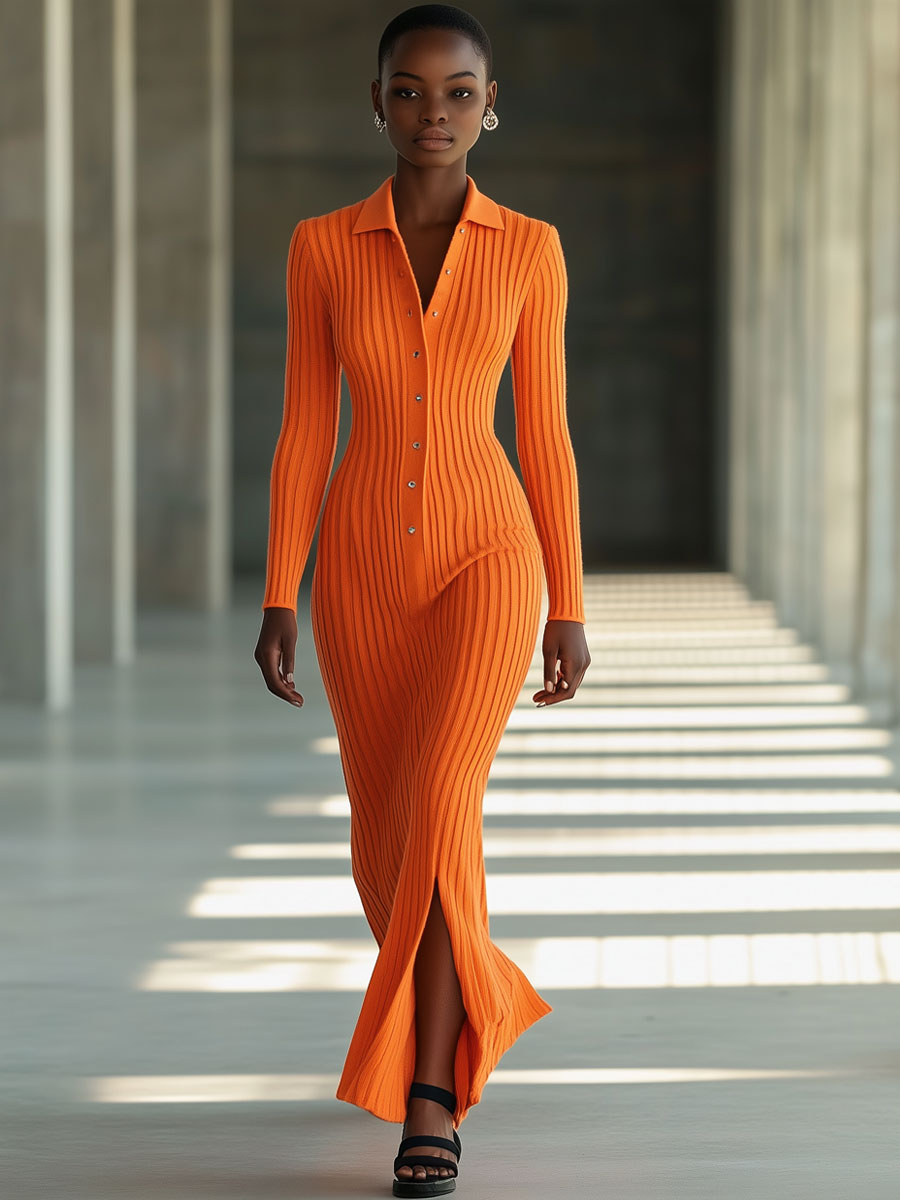 Fashion Orange Knitted Polo Long Sleeve Slit Maxi Dress