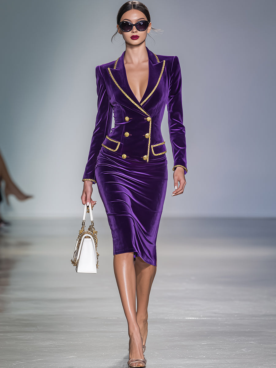 Gorgeous And Noble Gold-trimmed Double-breasted Purple Velvet Long-sleeved Midi Dress