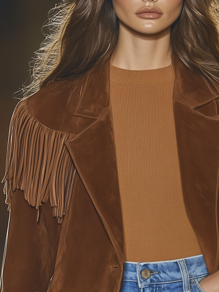Casual Western Vintage Brown Suede Tassel Blazer