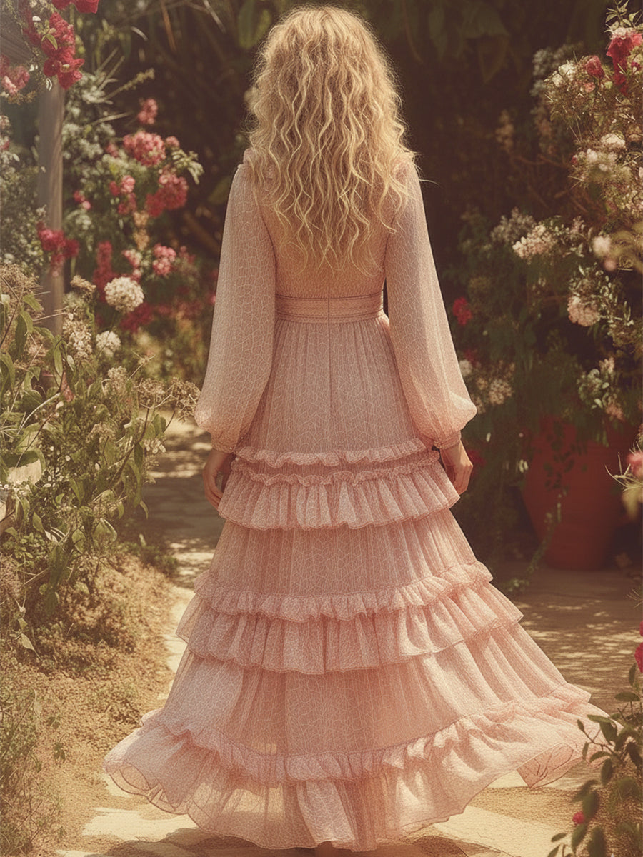 Romantic Pastoral Pink V-neck Multi-layered Ruffle Maxi Dress