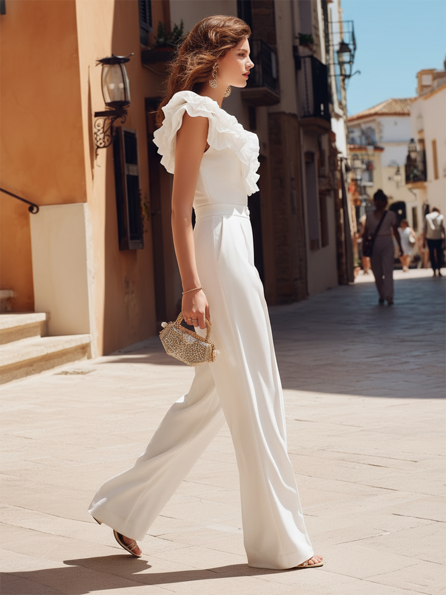 Vacation-style White Cotton V-neck Pants Set