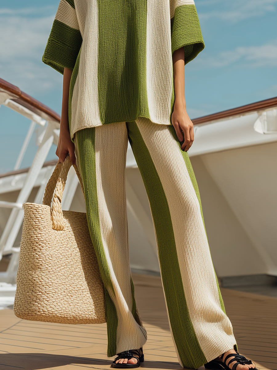 Stylish Resort-style Olive Green And White Striped Short-sleeved Top And Wide-leg Trousers Knit Set