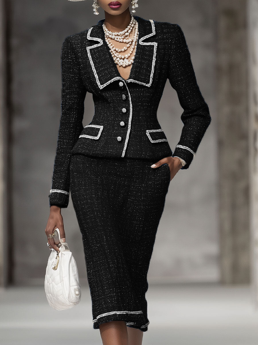 Elegant Lapel Single-breasted Blazer And Skirt Tweed Two-piece Suit