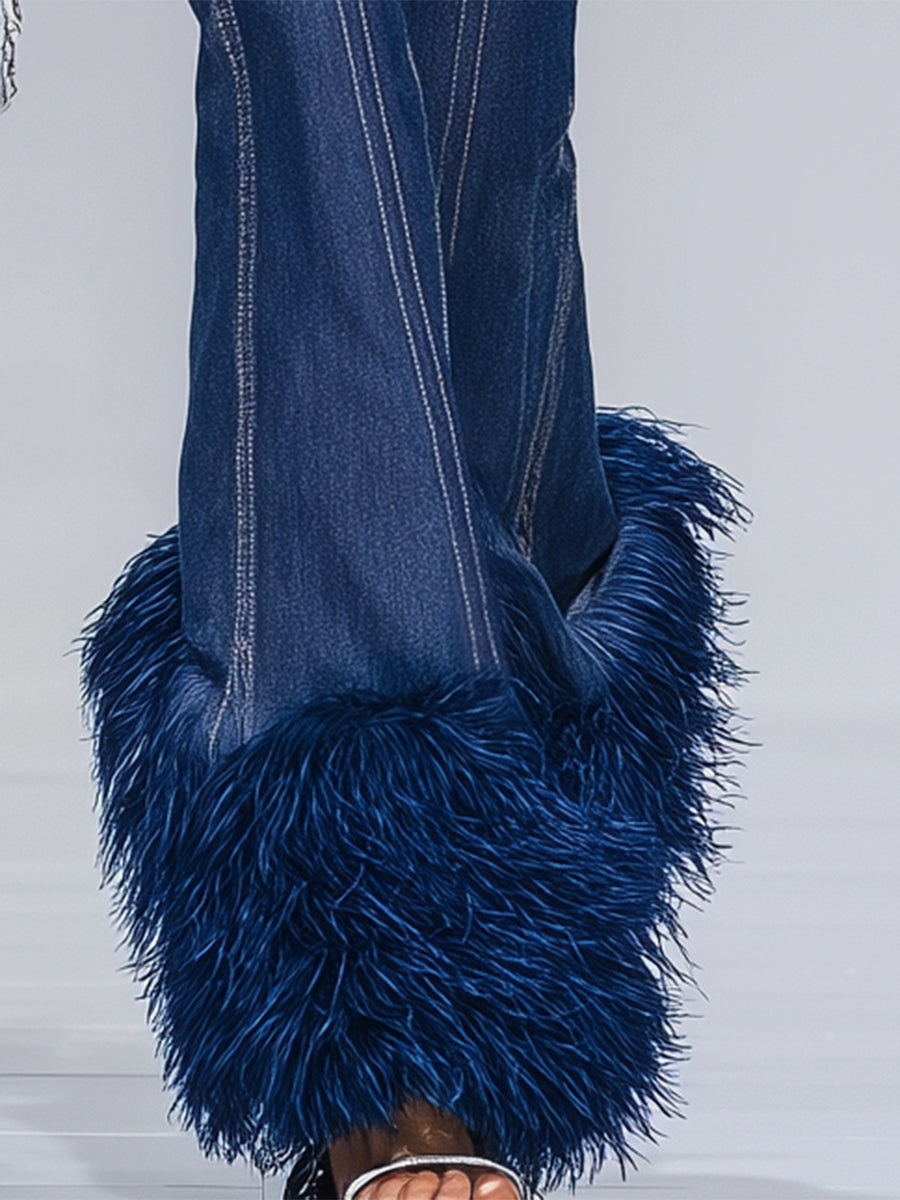 Fashion Denim Hem Stitching Blue Fur Flared Pants