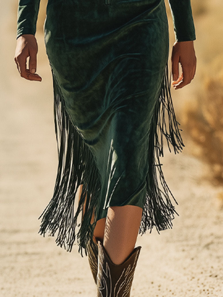 Western Retro Dark Green Eco-friendly Suede Lapel Tassel Long Sleeve Midi Dress