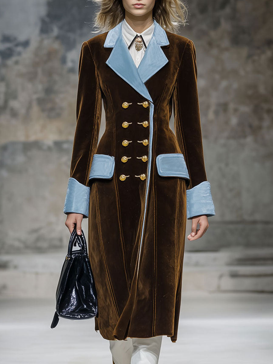 Casual Fashion Retro Blue Trim Cocoa Brown Velvet Coat