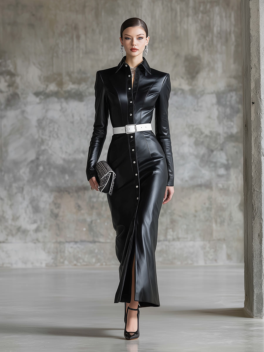 Black Faux Leather Button-down Maxi Dress