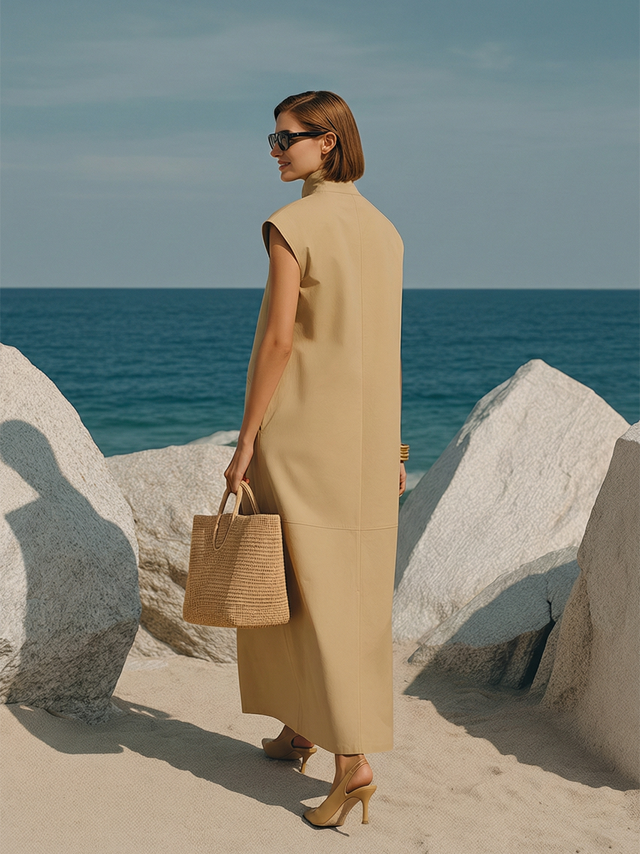 High-end Chic Sleeveless Light Khaki Maxi Dress