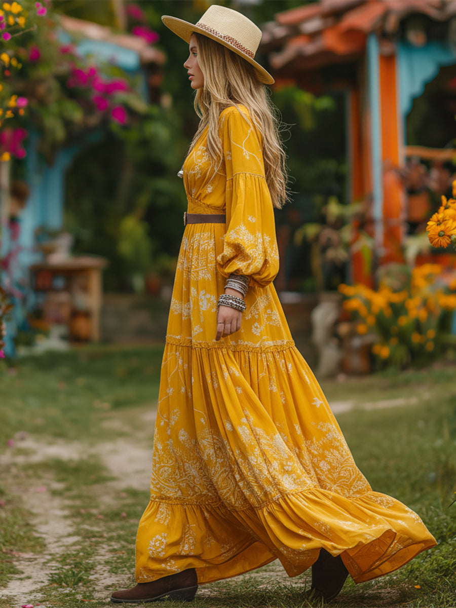 Vibrant Vacation V-neck Yellow Printed Long-sleeved Mini Dress