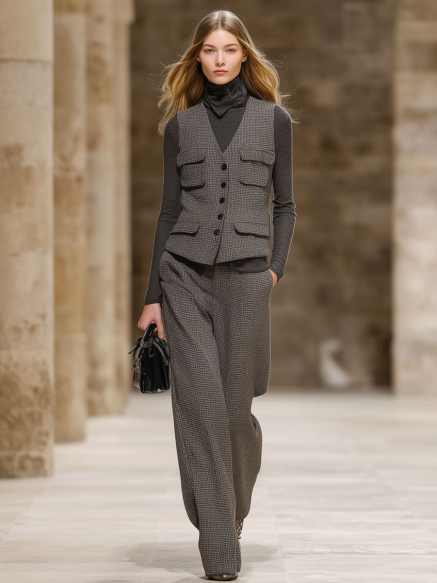 Retro Fashion Vest Wide-Leg Pants Gray Tweed Suit