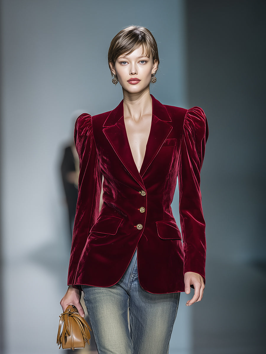 Red Velvet Leg Of Mutton Sleeve Button Blazer