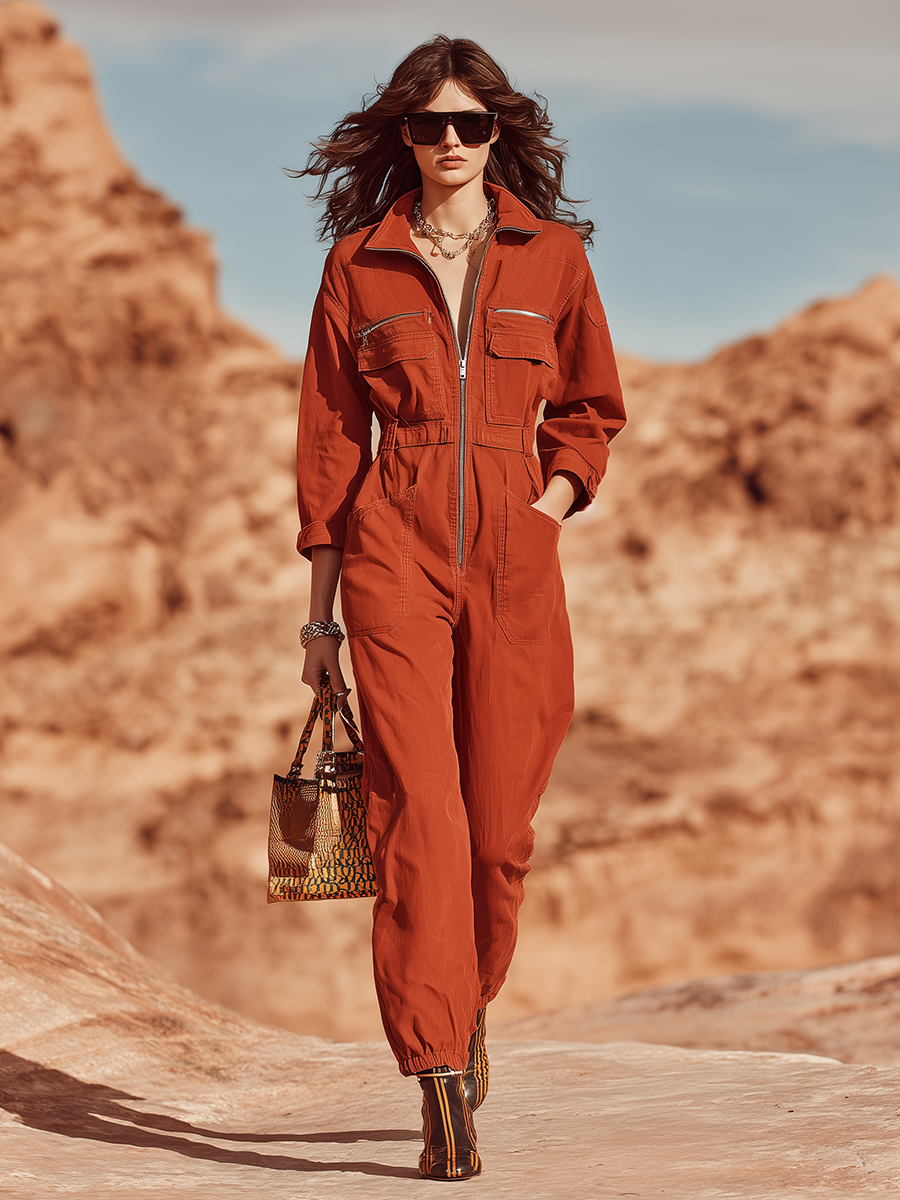 Vacation And Adventure Style Red Cotton Long-sleeved Jumpsuit