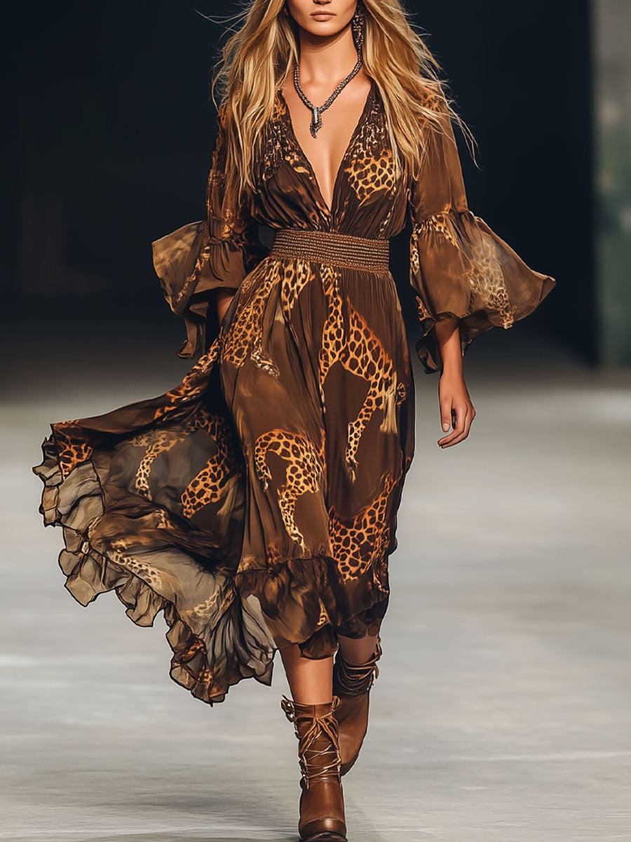 Elegant Casual Retro Dark Brown Giraffe Print Chiffon Long Sleeve Midi Dress