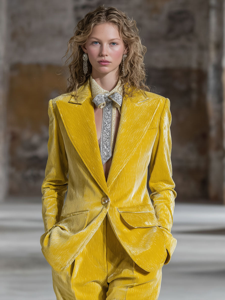 Casual Fashion Retro Yellow Velvet Blazer