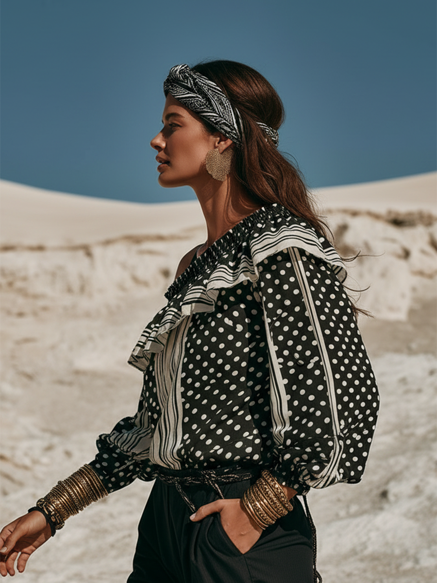 Stylish And Sophisticated Polka Dot And Stripe Patchwork Ruffle Blouse