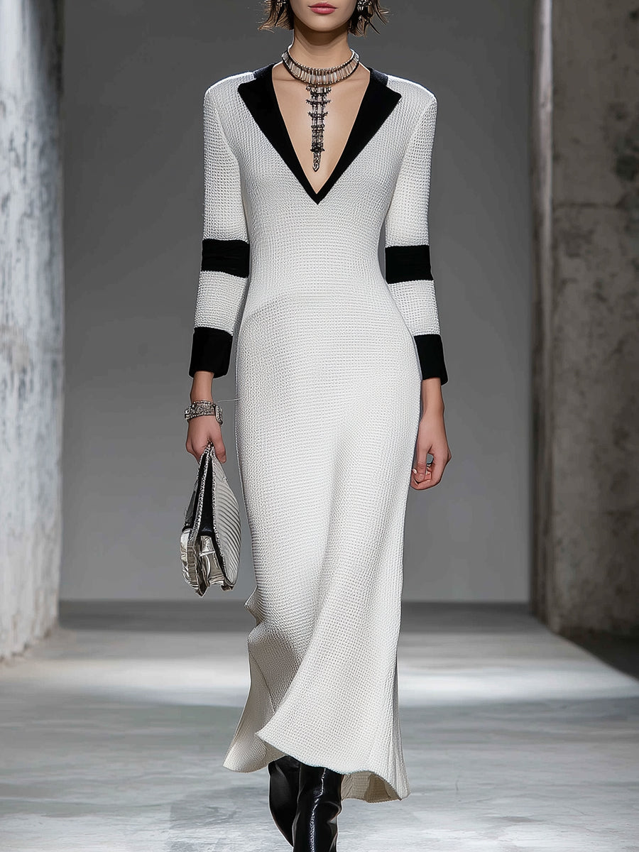 White Spliced black V-neck High Elastic Knit Maxi Dress