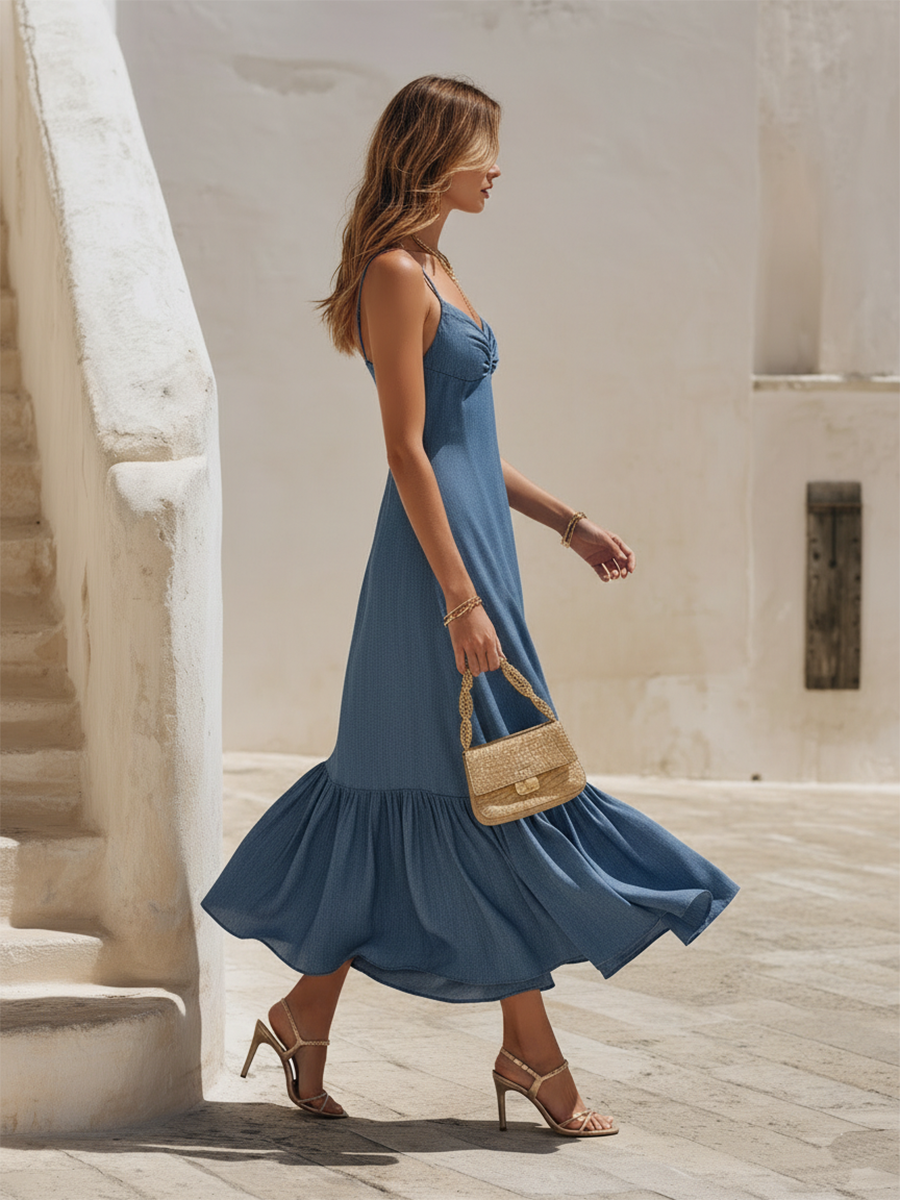 Vacation-style Blue Spaghetti Strap Tencel Maxi Dress