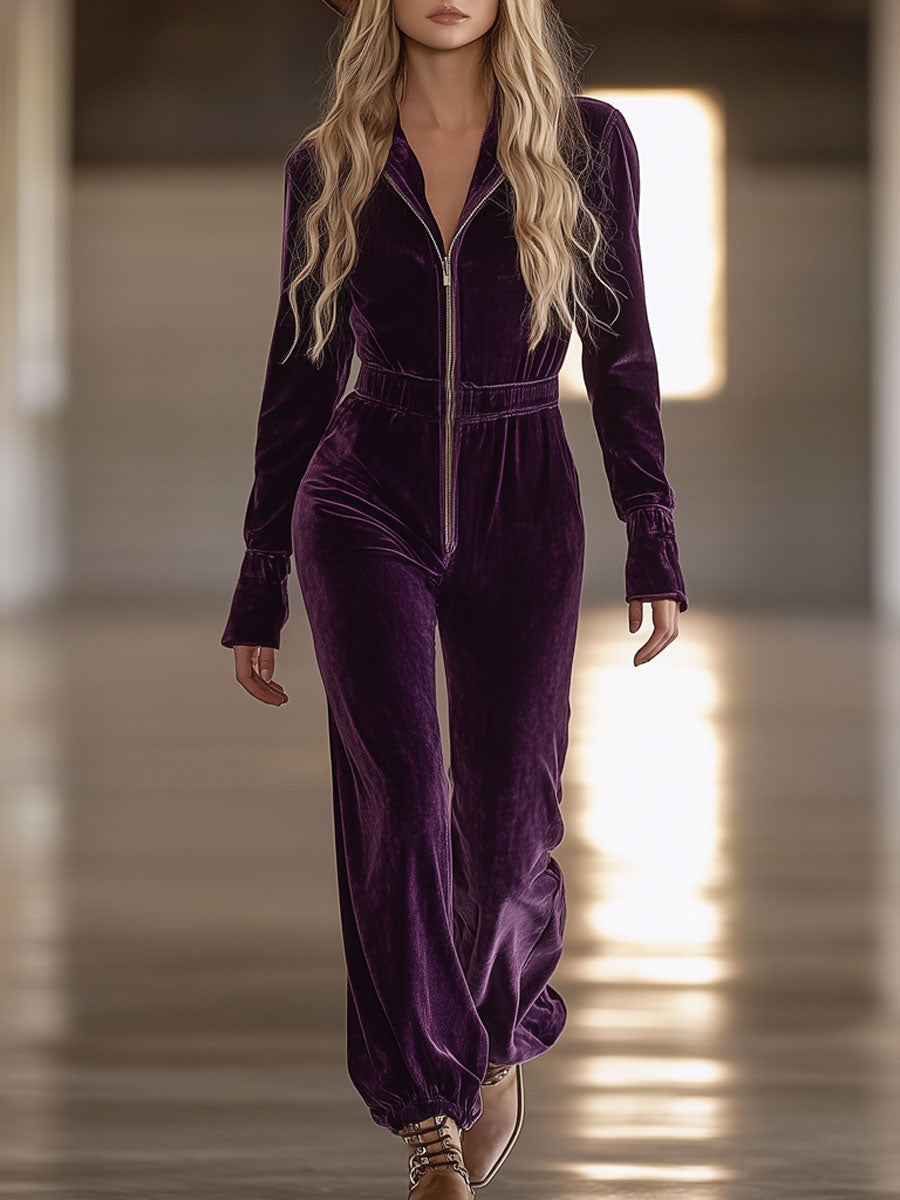 Casual Retro Purple Velvet Zipper Long Sleeve Jumpsuit