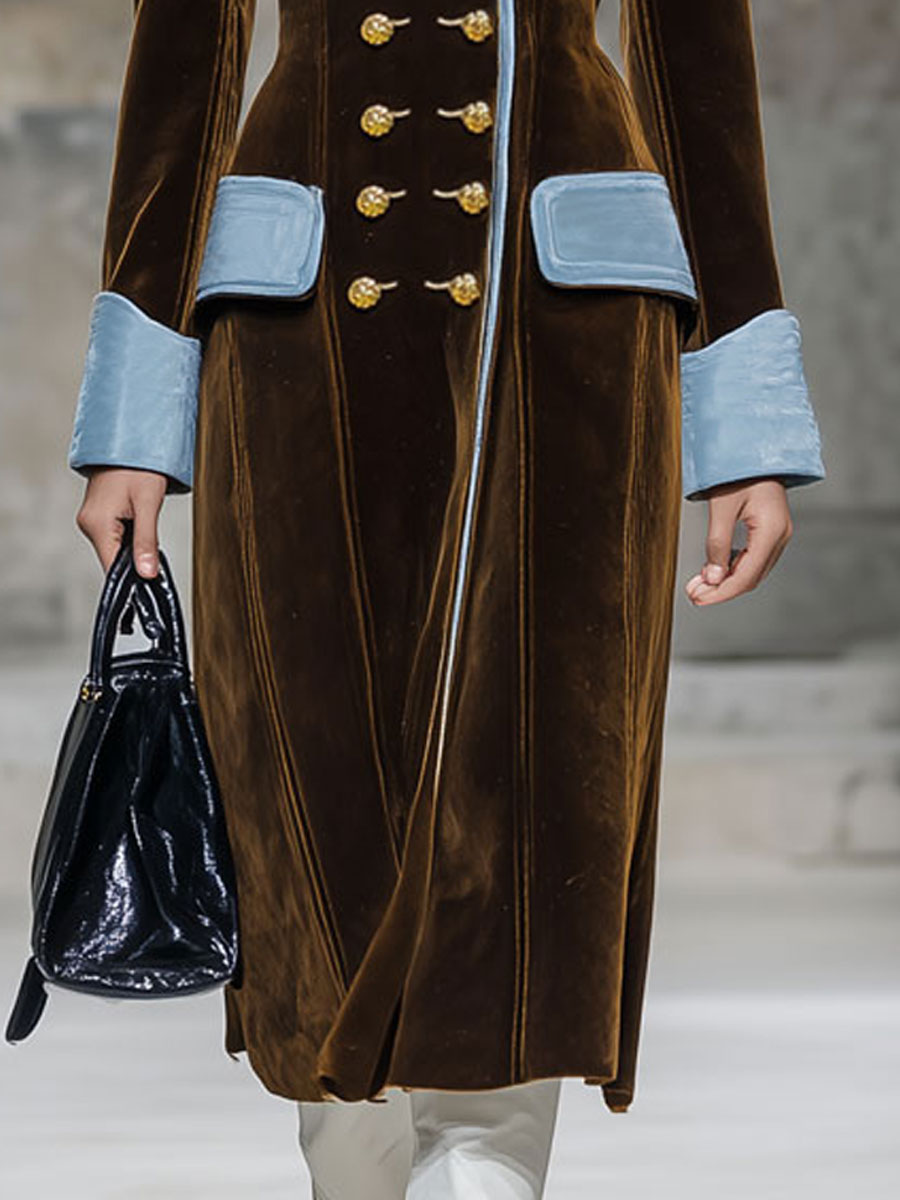 Casual Fashion Retro Blue Trim Cocoa Brown Velvet Coat