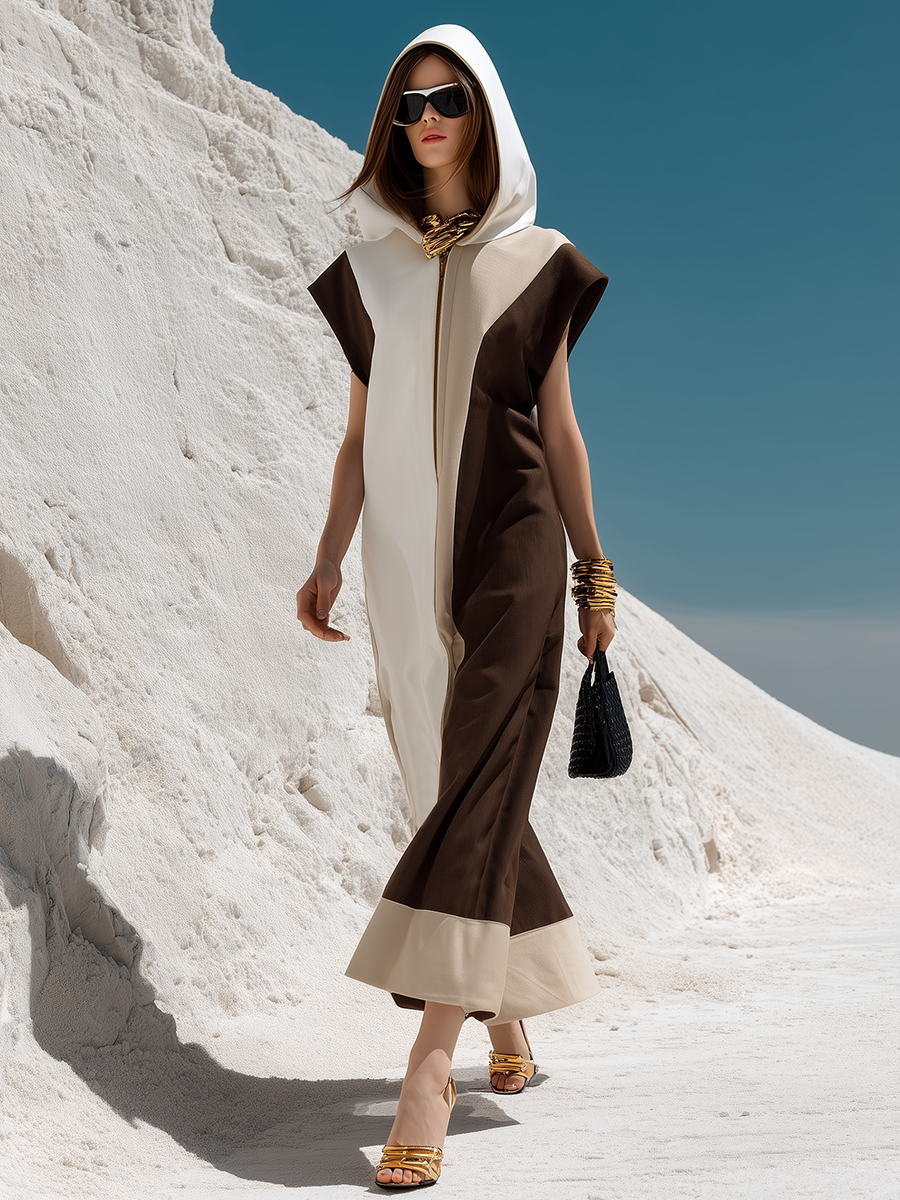 Casual And Stylish Hooded Front Zipper Patchwork Sleeveless Maxi Dress