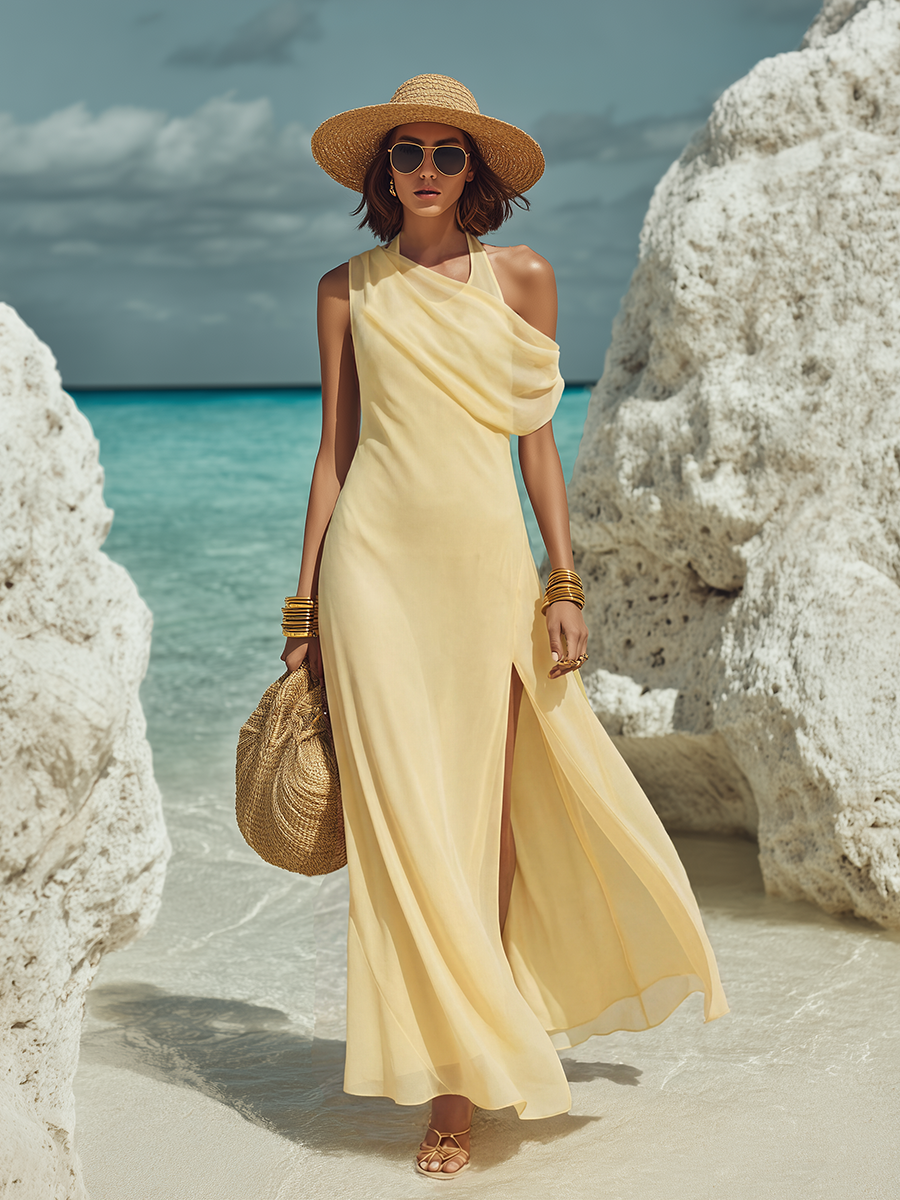 Elegant Vacation Yellow Halter Neck Dress And One-shoulder Dress Two-piece Set
