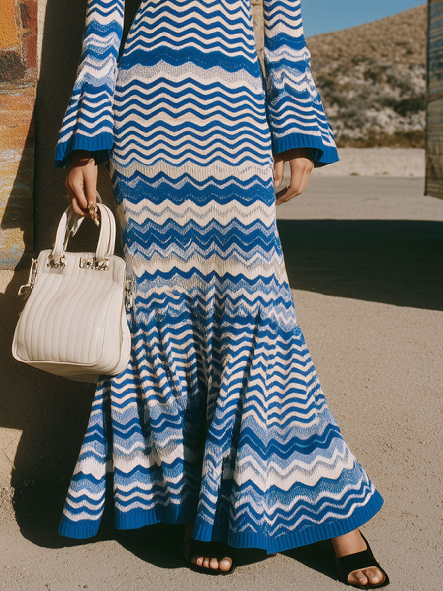 Retro Bohemian Holiday Blue Knitted Wave Pattern Flared Long Sleeve Maxi Dress