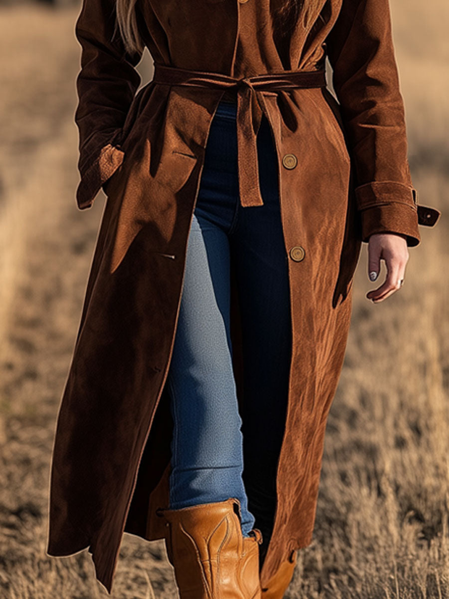 Western Vintage Caramel Suede Lace-Up Long Coat