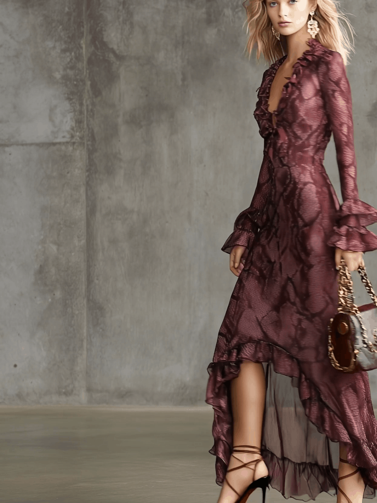 Elegant And Fashionable Burgundy Chiffon Snakeskin Pattern Ruffled Long-Sleeved Maxi Dress