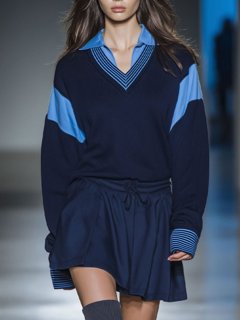 Sports Casual Dark Blue And Sky Blue Long-Sleeved Knitted Patchwork Shirt Fake Two-Piece Long-Sleeved Mini Skirt Suit