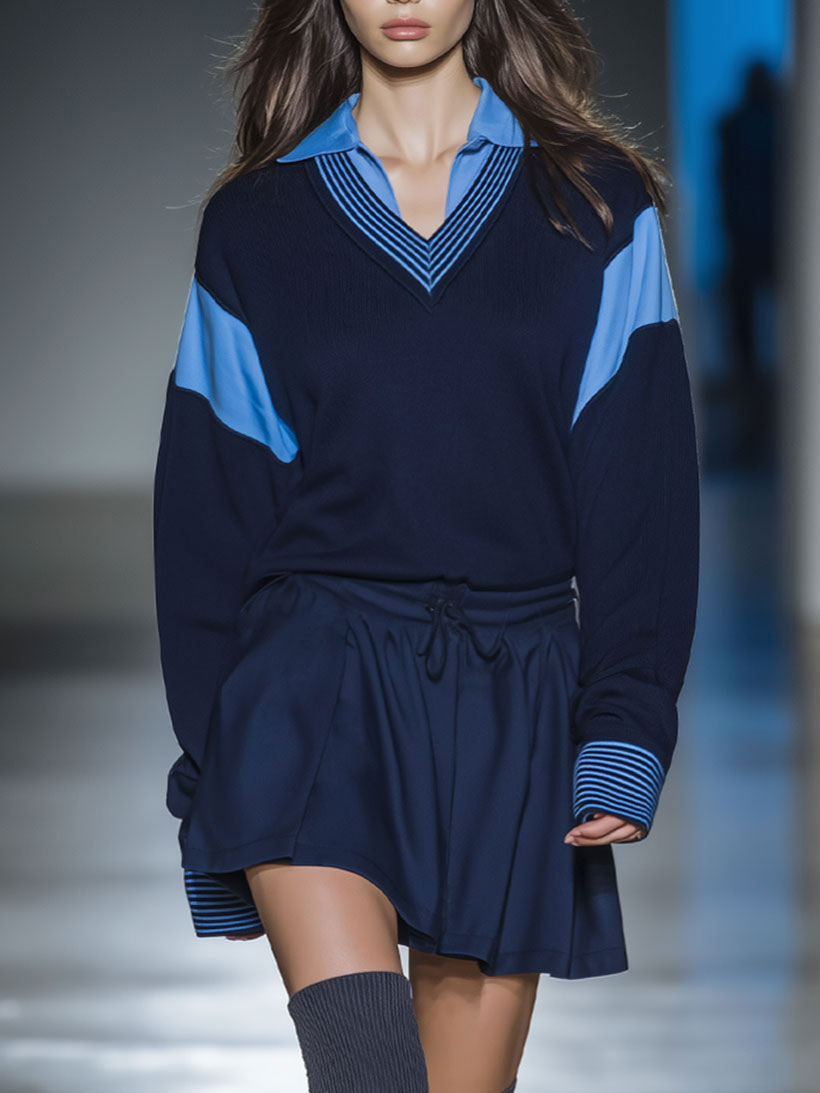 Sports Casual Dark Blue And Sky Blue Long-Sleeved Knitted Patchwork Shirt Fake Two-Piece Long-Sleeved Mini Skirt Suit