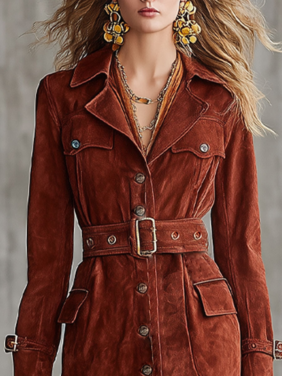 Urban Fashion Red Brown Faux Suede Lapel Tie-Waist Trench Coat Maxi Dress
