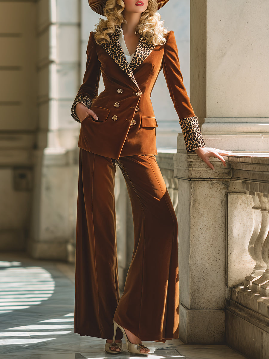 Fashionable Leopard Print Patchwork Orange Velvet Suit Wide-leg Floor-length Pants Suit