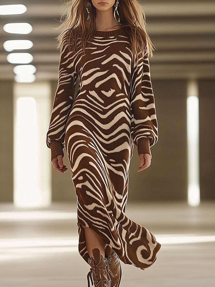 Retro Casual Round Neck Fashionable Brown Zebra Pattern Slit Maxi Dress