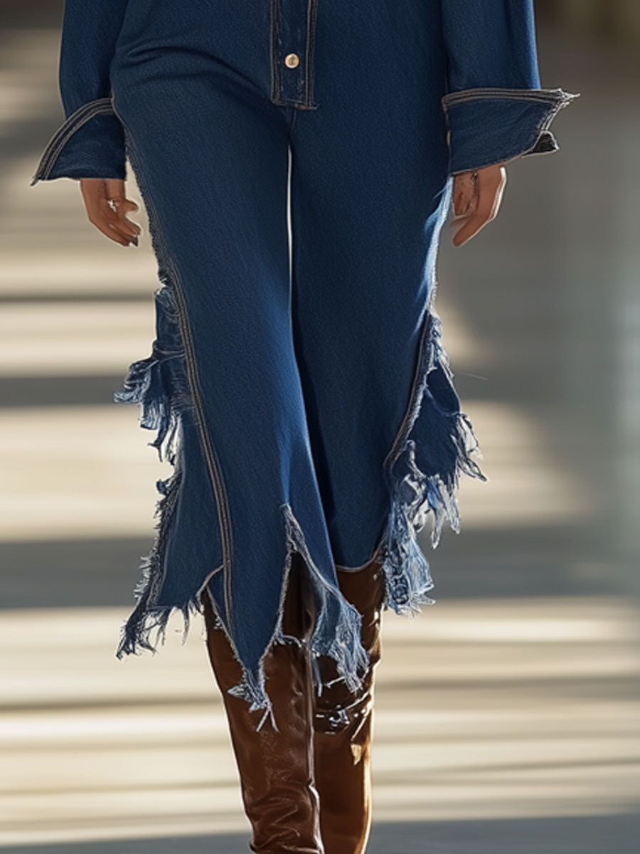 Retro Casual Loose Dark Blue Denim Long-Sleeved Raw Edge Cropped Jumpsuit