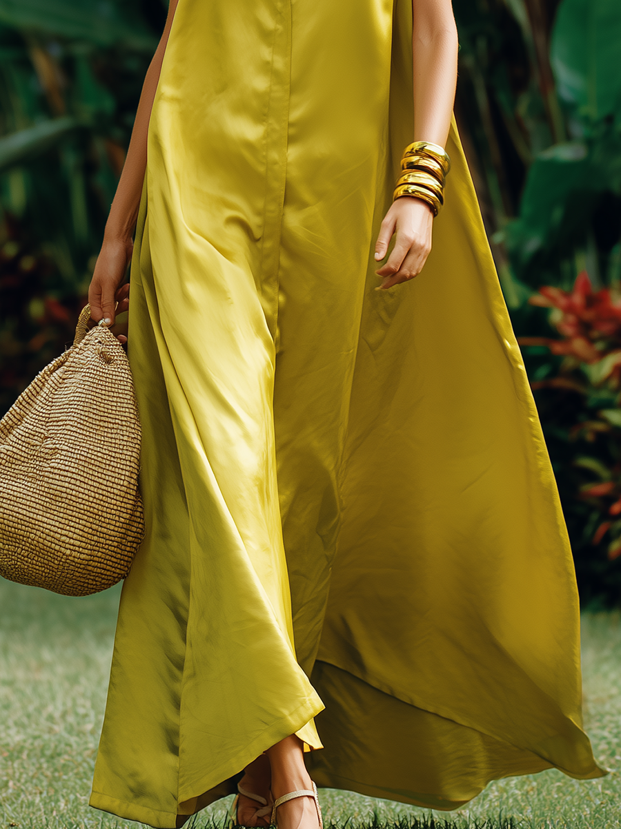 Luxurious Resort-style Lapel Sleeveless Satin Maxi Dress